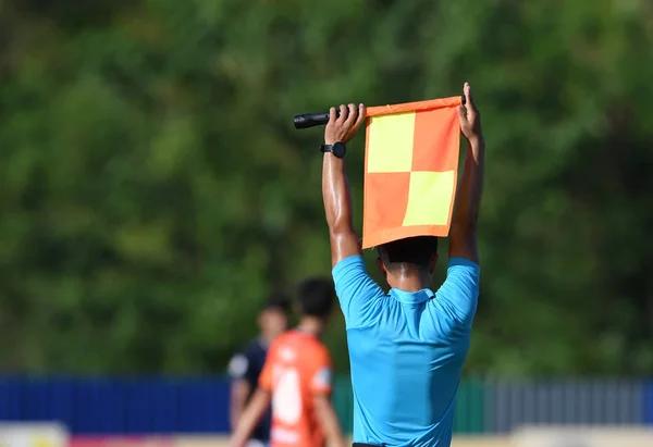 Assistant referee hold flag , substitution signal