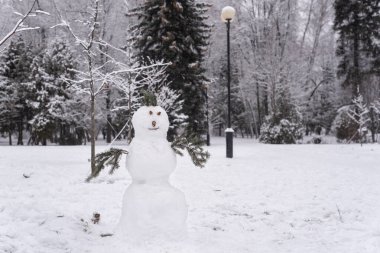 Parktaki kardan adam. Güzel kardan adam kışın ağaçların önünde.