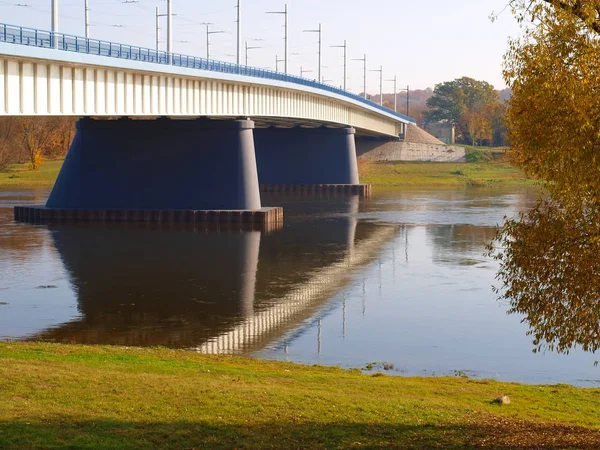 Ландшафтний міст для транспорту через річку Немунас Стокове Фото