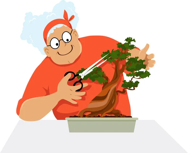 Starsza Kobieta Przycinanie Bonsai Drzewa Ilustracja Wektorowa Eps — Wektor stockowy