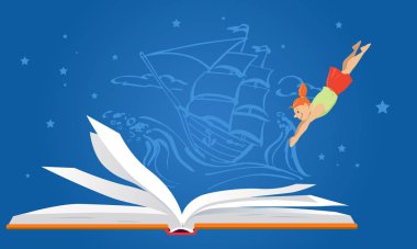 Küçük kız açık bir kitap, arka plan, Eps 8 vektör çizim gemi yelken eski zaman dalış