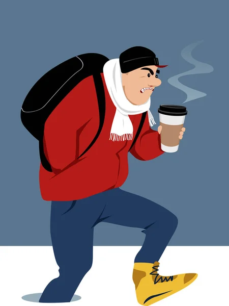 Hombre Con Una Mochila Una Taza Café Para Caminando Nieve — Vector de stock