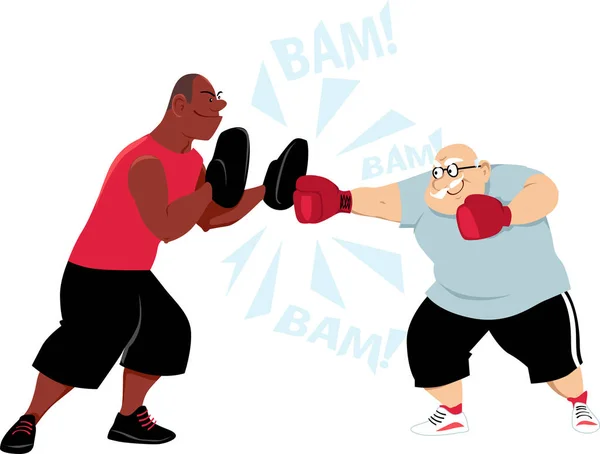 Elderly Man Doing Boxing Mitt Drill Young Trainer Eps Vector — Stock Vector