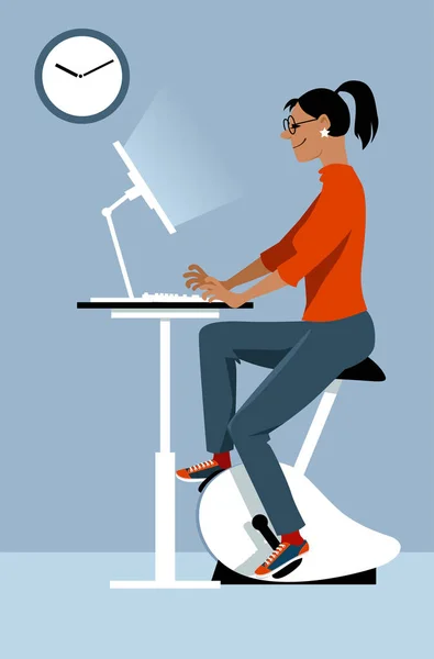 Νεαρή Γυναίκα Που Εργάζεται Στο Γραφείο Του Υπολογιστή Χρησιμοποιώντας Ένα — Διανυσματικό Αρχείο