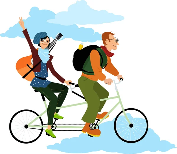 Young Couple Travelling Tandem Bicycle Flashing Victory Sign Eps Vector — Stock Vector