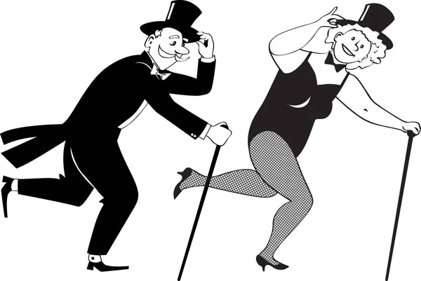 Senior couple dressed in stage costumes, in top hats and with canes tap dancing, EPS 8 black line vector illustration, no white objects
