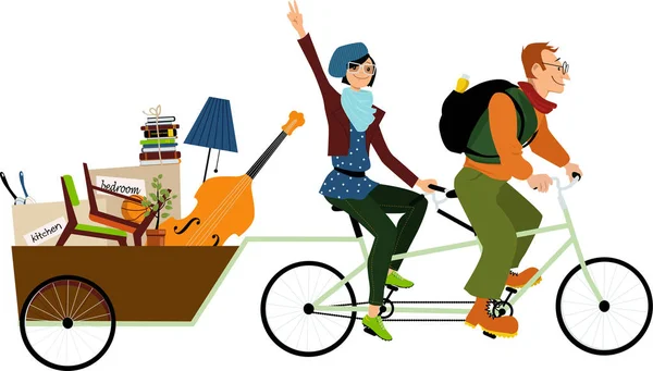 ミニマリストのカップル タンデム自転車貨物トレーラー Eps ベクトル図ですべての自分の持ち物 — ストックベクタ