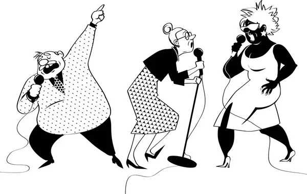 Três Personagens Desenhos Animados Vetoriais Pessoas Idosas Cantando Karaoke Ilustração — Vetor de Stock