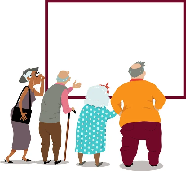 Ηλικιωμένοι Πολίτες Βλέπουν Μια Αφίσα Ανακοίνωση Παράθυρο Αντίγραφο Χώρου Για — Διανυσματικό Αρχείο