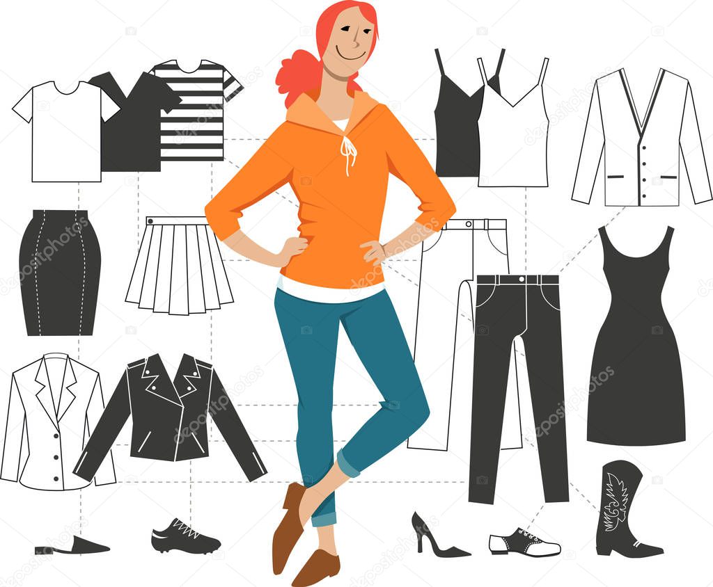 Woman standing in front of a scheme of minimalist combination basic pieces of clothing into outfits, EPS 8 vector illustration