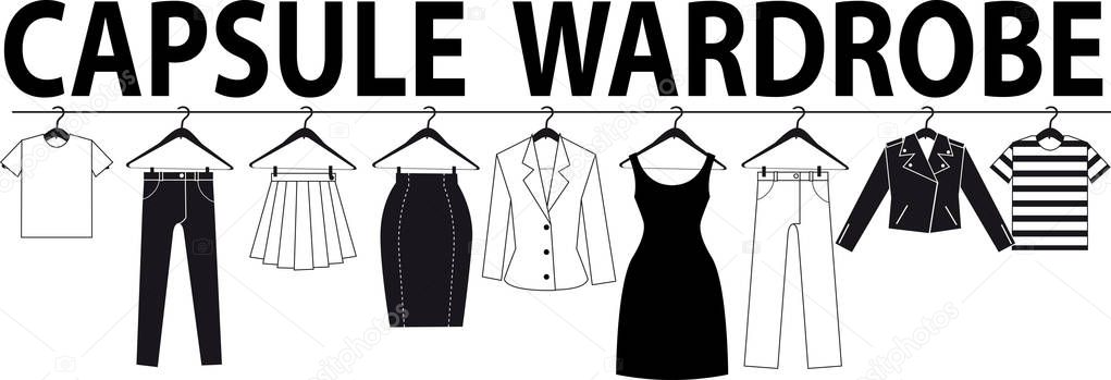 Capsule wardrobe banner, EPS 8 black vector silhouette, no white objects