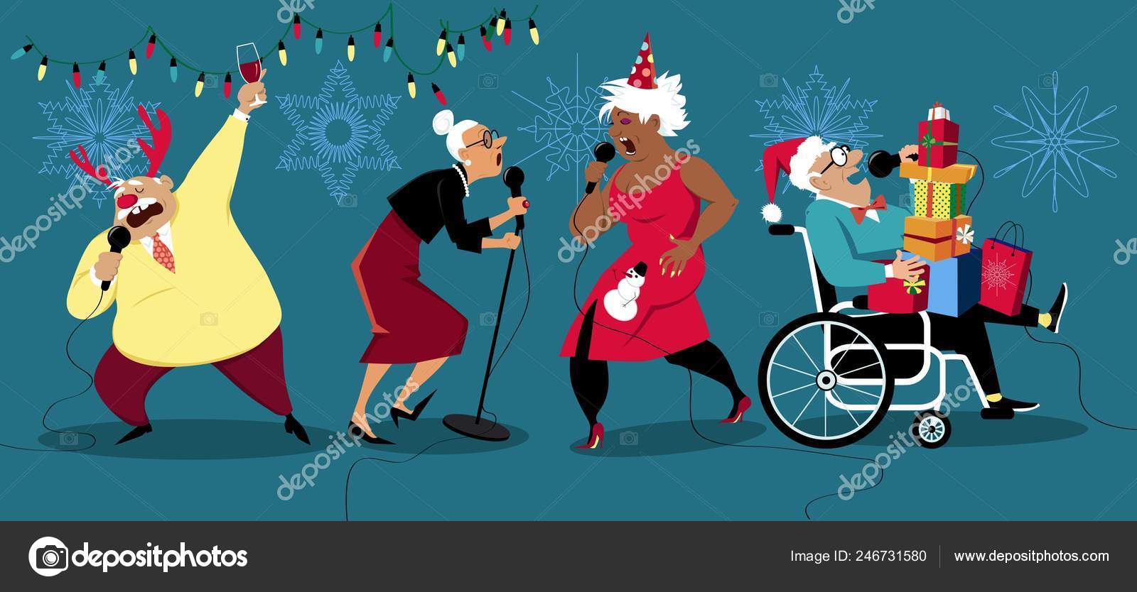 Senioren Feiern Winterurlaub Und Singen Karaoke Folge Vektorillustration  Stock-Vektorbild von ©Aleutie 246731580, image size:1600x834