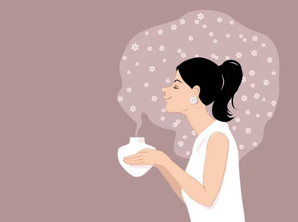 Kobieta Przy Użyciu Dyfuzora Aromaterapią Otoczony Przez Zapach Olejku Ilustracja — Wektor stockowy