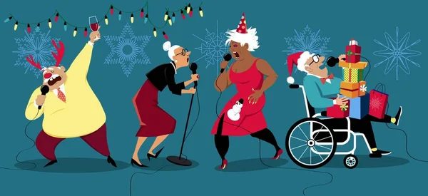 Personas Mayores Celebrando Las Vacaciones Invierno Cantando Karaoke Eps Vector — Archivo Imágenes Vectoriales