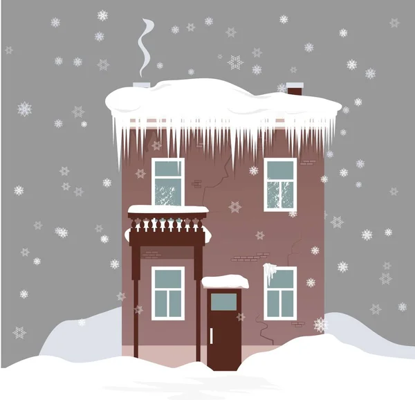 Maison Hiver Sous Neige Avec Barrage Glace Lourd Sur Toit — Image vectorielle