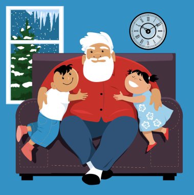 Elderly man sitting in a chair, hugging his grandchildren, EPS 8 vector illustration clipart