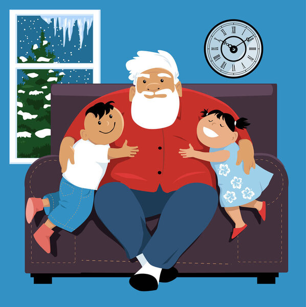 Elderly man sitting in a chair, hugging his grandchildren, EPS 8 vector illustration