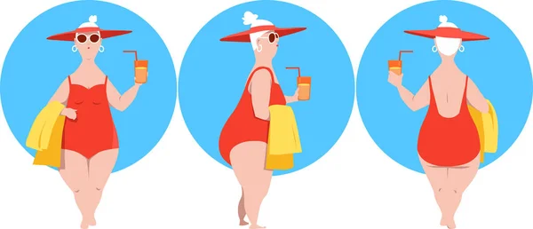 Femme Mûre Pleine Figure Maillot Bain Chapeau Design Personnage Vue — Image vectorielle