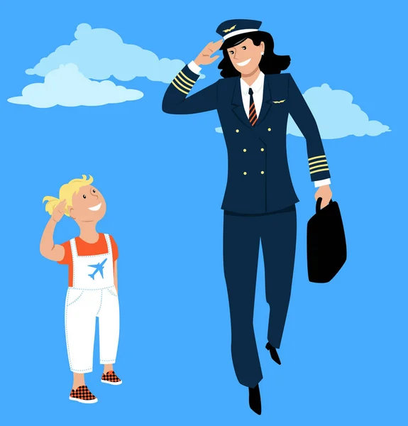Bambina Saluta Una Pilota Donna Uniforme Vettore Eps — Vettoriale Stock