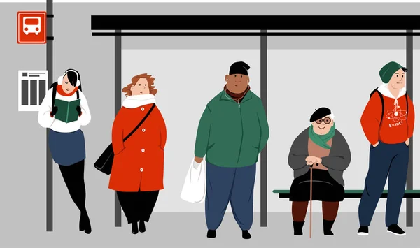 Diverse People Urban Bus Stop Waiting Transportation Eps Vector Illustration — Stock Vector