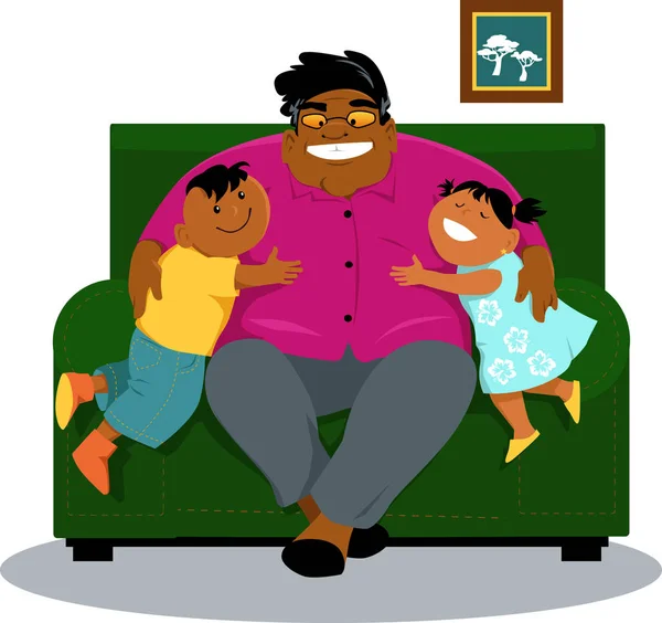 Mature Black Man Sitting Chair Hugging His Grandchildren Eps Vector — Stock Vector