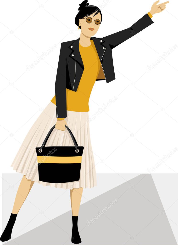 Young fashionably dressed modern woman hailing a taxi cab,  EPS 8 vector illustration