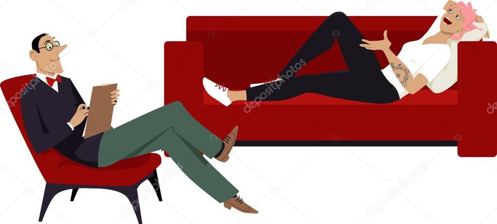 A millennial teenage girl talking to a psychiatrist, lying on a couch, EPS 8 vector illustration