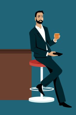 Genç şık adam bir içki ve elinde bir akıllı telefon ile bir barda oturan, tek başına, EPS 8 vektör illüstrasyon