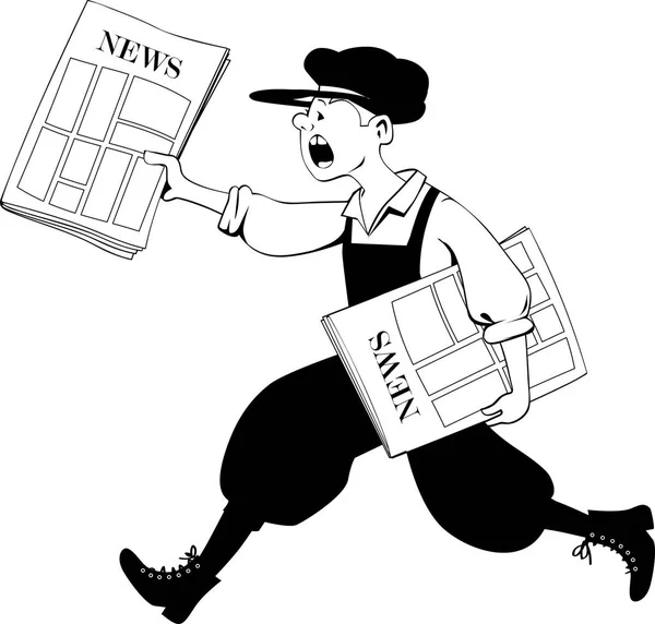 Paperboy Running Pack Newspapers Eps Black Vector Outline Illustration White — Stock Vector
