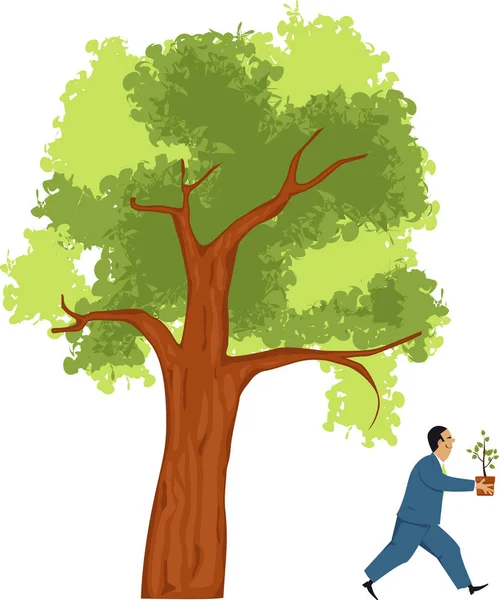 商人从一棵大树上摘下一个小芽 作为分拆或使企业多样化的隐喻 Eps8 向量插图 — 图库矢量图片