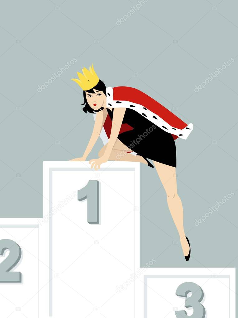 Woman experiencing impostor syndrome climbing down from a podium, EPS 8 vector illustration