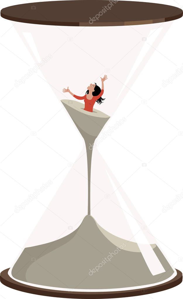 Woman is drowning in the sand inside an hourglass, EPS 8 vector illustration