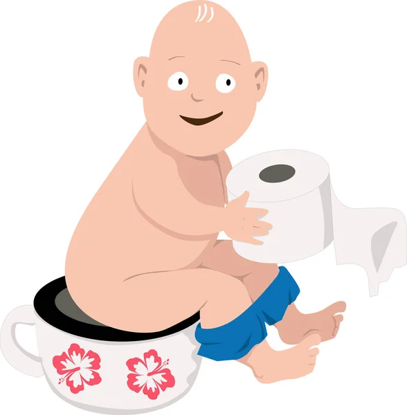 Joyeux Bébé Assis Sur Pot Avec Papier Toilette Dans Les — Image vectorielle