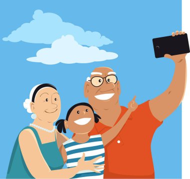 Torunları Eps 8 vektör illüstrasyon ile selfie çeken yaşlı çift
