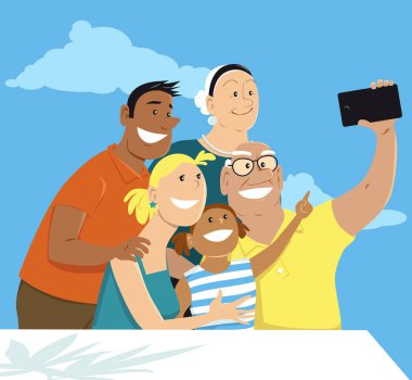 Üç nesil aile akıllı telefon, Eps 8 vektör illüstrasyon selfie alarak