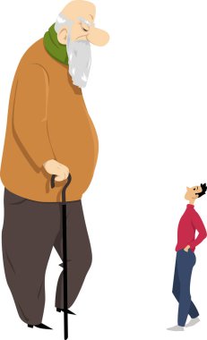Dev yaşlı kişi nüfus yaşlanma için bir metafor olarak küçük bir genç adam bakarak, Eps 8 vektör illüstrasyon