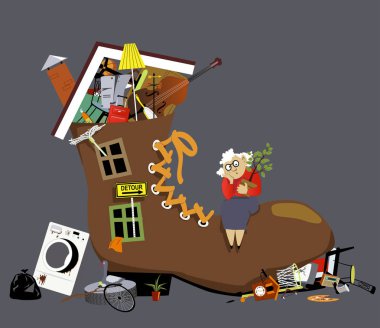 Elderly hoarder woman living in a shoe bursting with stuff, EPS 8 vector illustration clipart