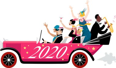 1920'lerin moda giyinmiş yeni yıl kutlayan grup üzerinde boyalı 2020 ile bir vintage araba gelen, Eps 8 vektör illüstrasyon