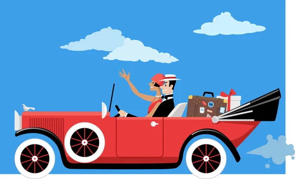 Glam 1920 Pasangan Perjalanan Dalam Mobil Ungu Vintage Dengan Bagasi - Stok Vektor