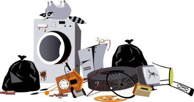 Pile of household garbage, including a broken washing machine and a dead raccoon, EPS 8 vector illustration clipart