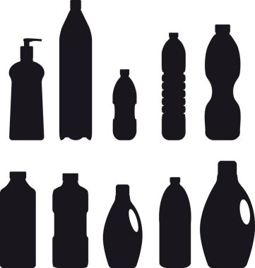 Plastik şişelerin vektör siluetleri seti, Eps 8 vektör illüstrasyon