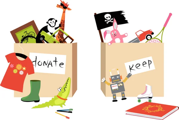 Speelgoed Andere Kinderen Items Worden Gesorteerd Donatie Houden Dozen Tijdens — Stockvector