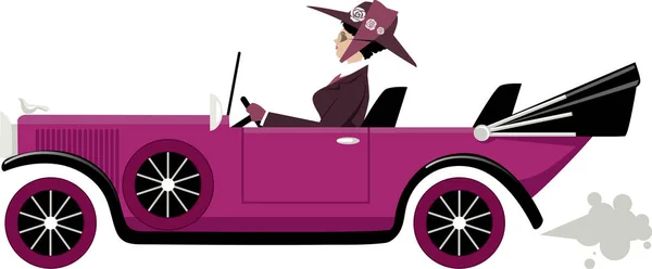 Κυρία Vintage Ρούχα Οδήγηση Ένα Παλιό Αυτοκίνητο Κάμπριο Eps Εικόνα — Διανυσματικό Αρχείο