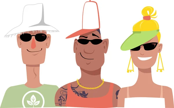 Portrait Personnes Arbres Chapeaux Tenues Été Dessin Animé Vectoriel Eps — Image vectorielle