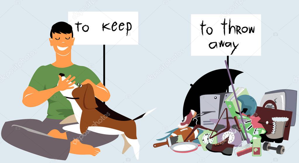 Man with a dog sitting under sign To keep nest to a pile of trash To throw away, EPS 8 vector illustration
