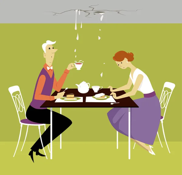 Élégant Couple Prenant Thé Dans Une Pièce Avec Plafond Qui — Image vectorielle