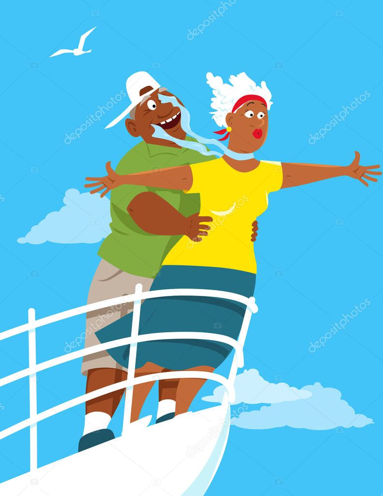 Happy black senior couple recreating a scene from Titanic on board of a cruise ship, EPS 8 vector illustration