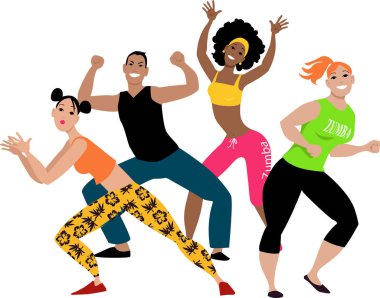 Zumba egzersiz yapıyor dört genç çeşitli grup, Eps 8 vektör illüstrasyon