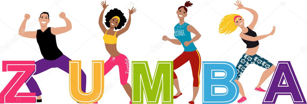 Zumba class banner with four young people dancing, EPS 8 vector illustration