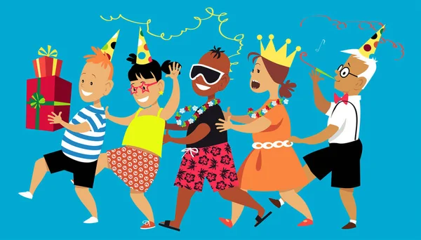 Grupo Diverso Crianças Dançando Uma Linha Conga Celebrando Aniversário Ilustração — Vetor de Stock